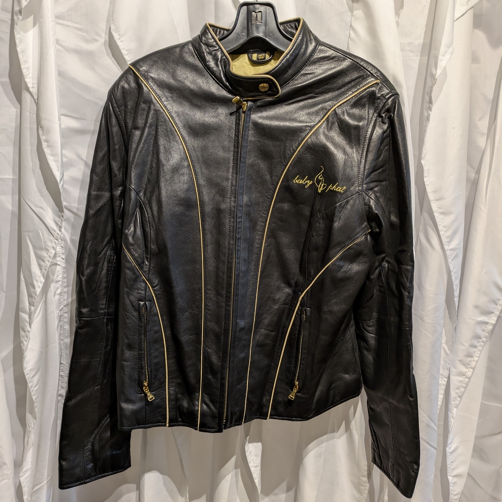 A9 Baby Phat Black Leather Jacket with Gold Accents Y2K